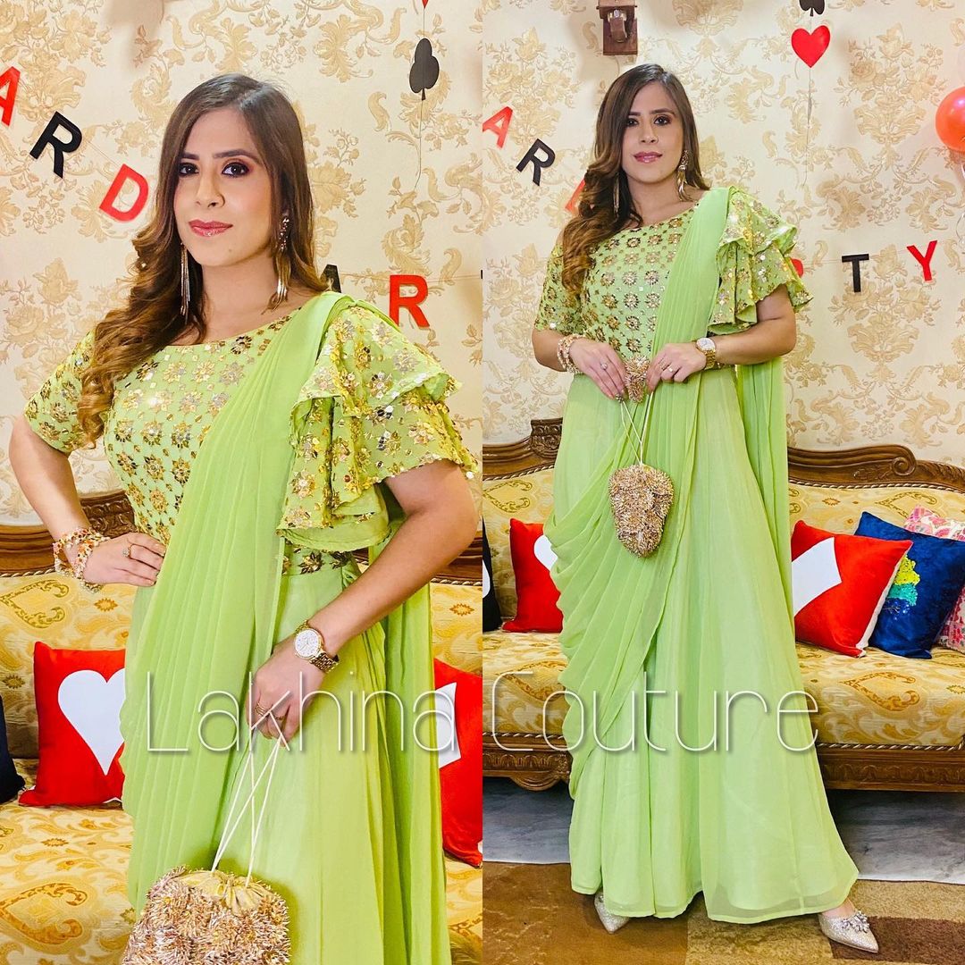 Pista Green Jumpsuit Saree