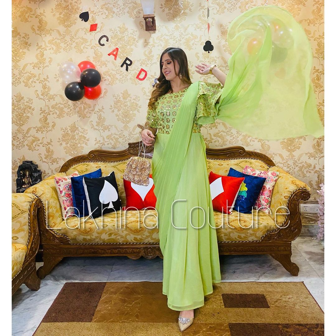 Pista Green Jumpsuit Saree