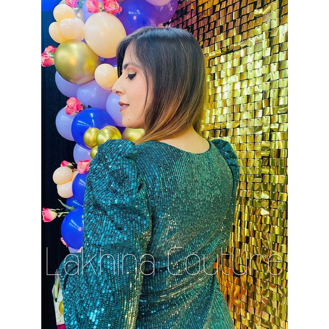 Bottle Green Sequin Drape Gown