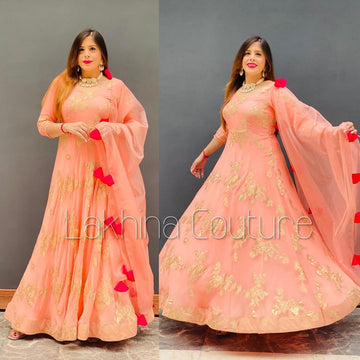 Peach Chanderi Anarkali With Dupatta