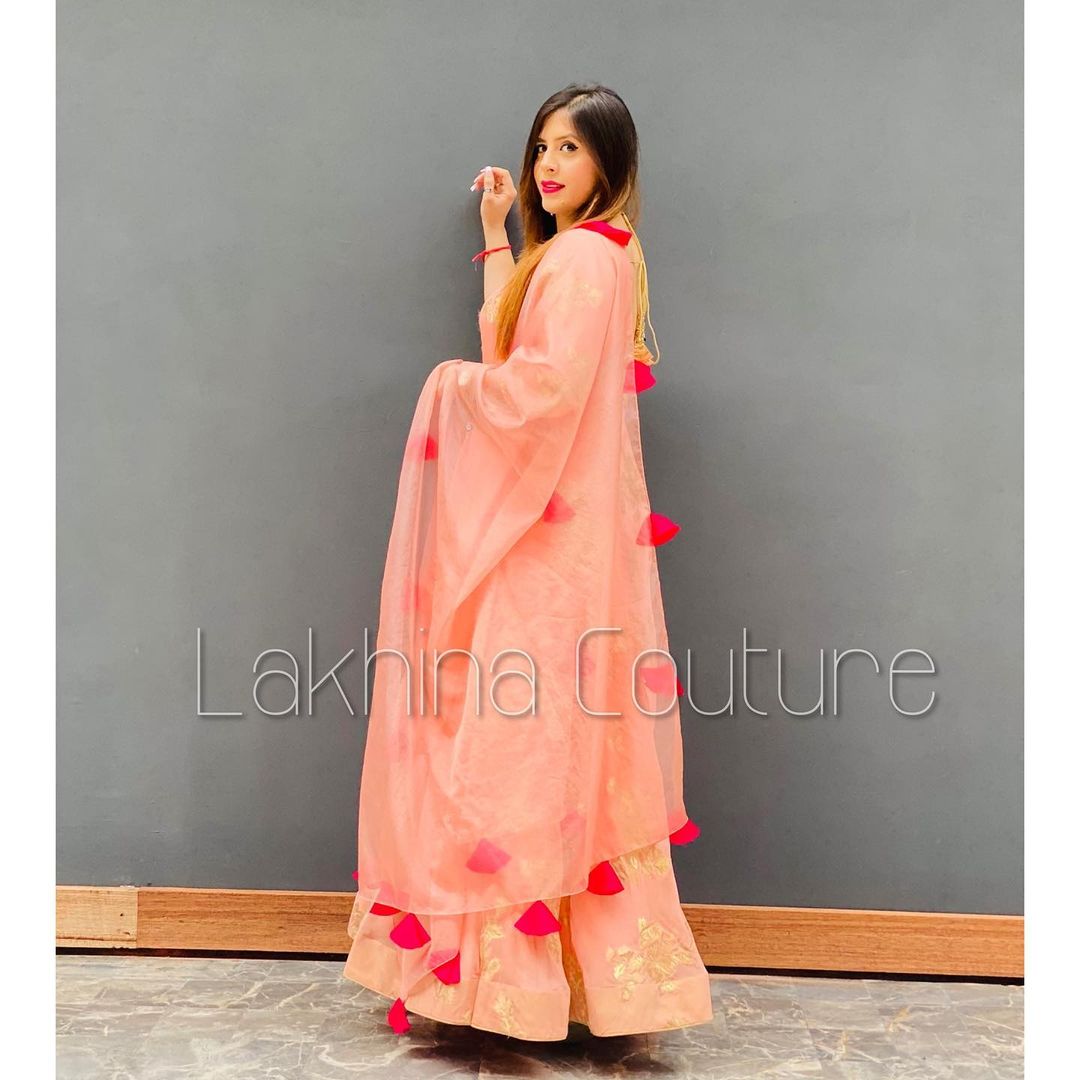 Peach Chanderi Anarkali With Dupatta