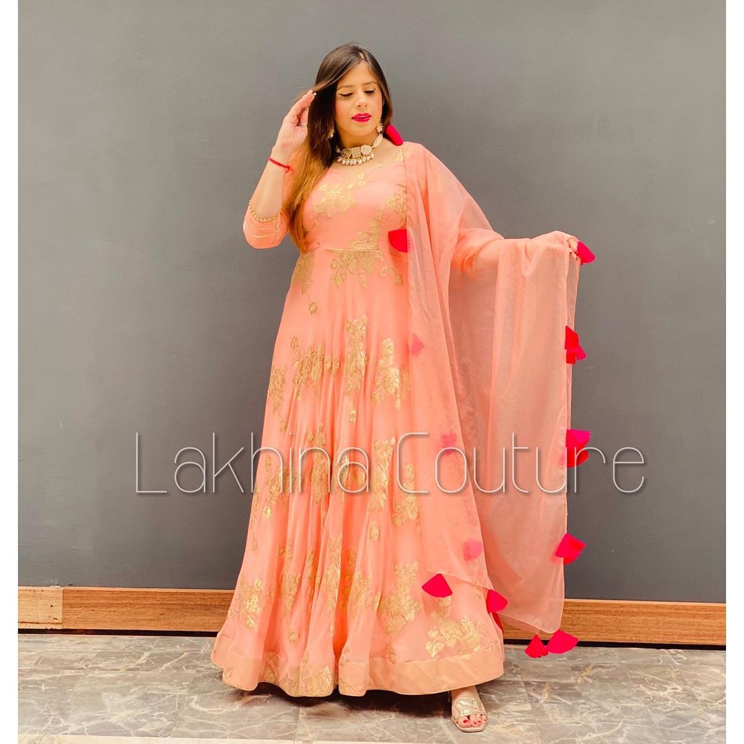 Peach Chanderi Anarkali With Dupatta