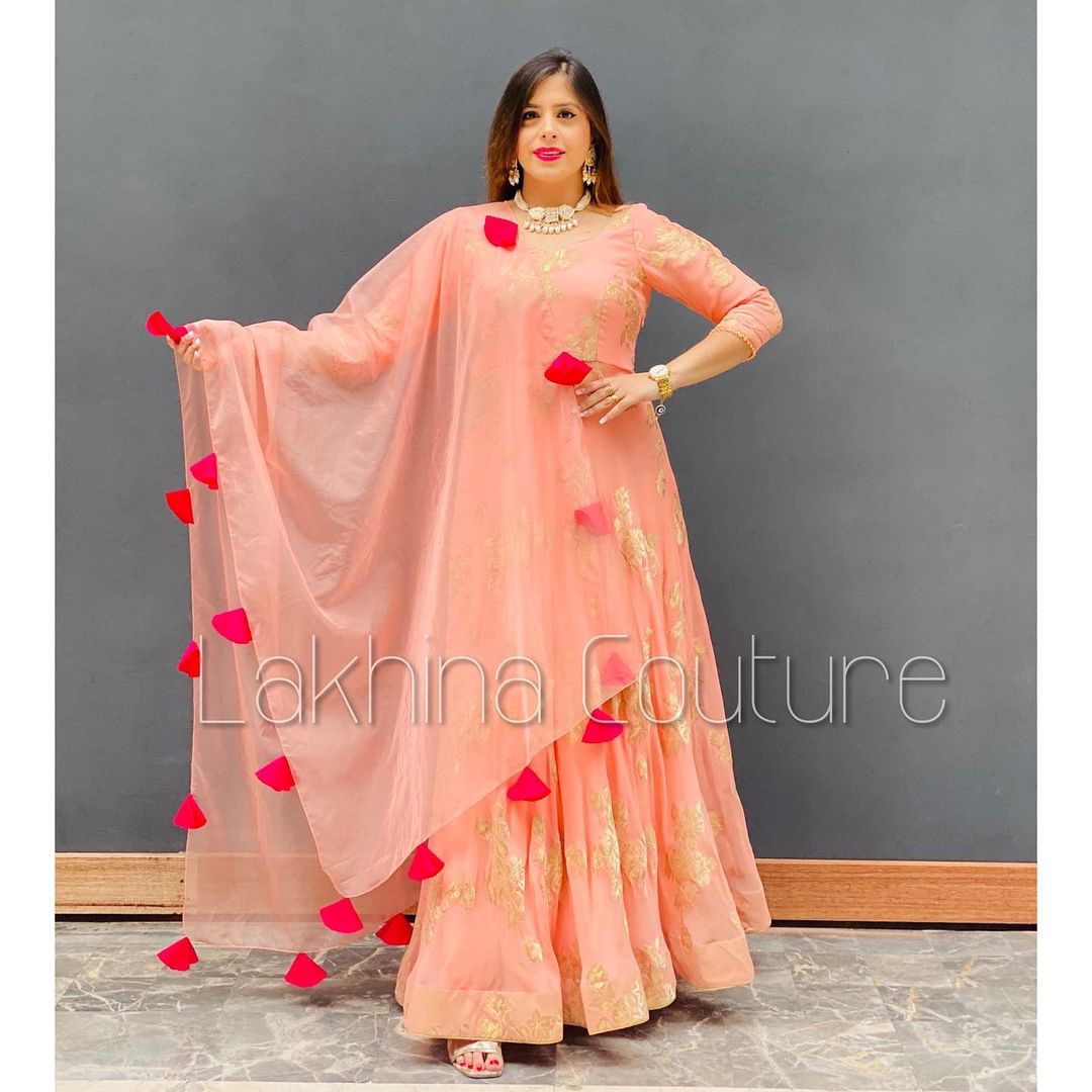 Peach Chanderi Anarkali With Dupatta