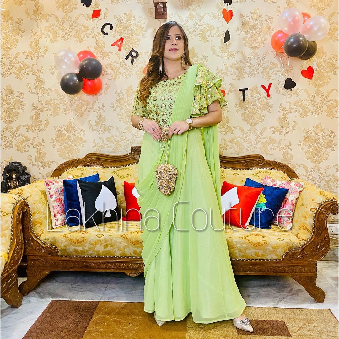 Pista Green Jumpsuit Saree