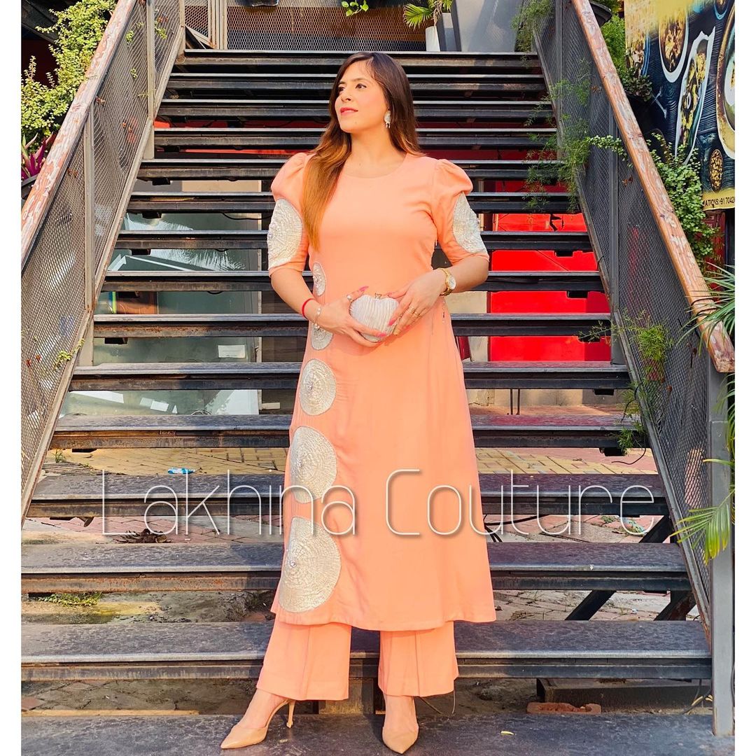 Peach Embroidered Rayon Cotton Suit