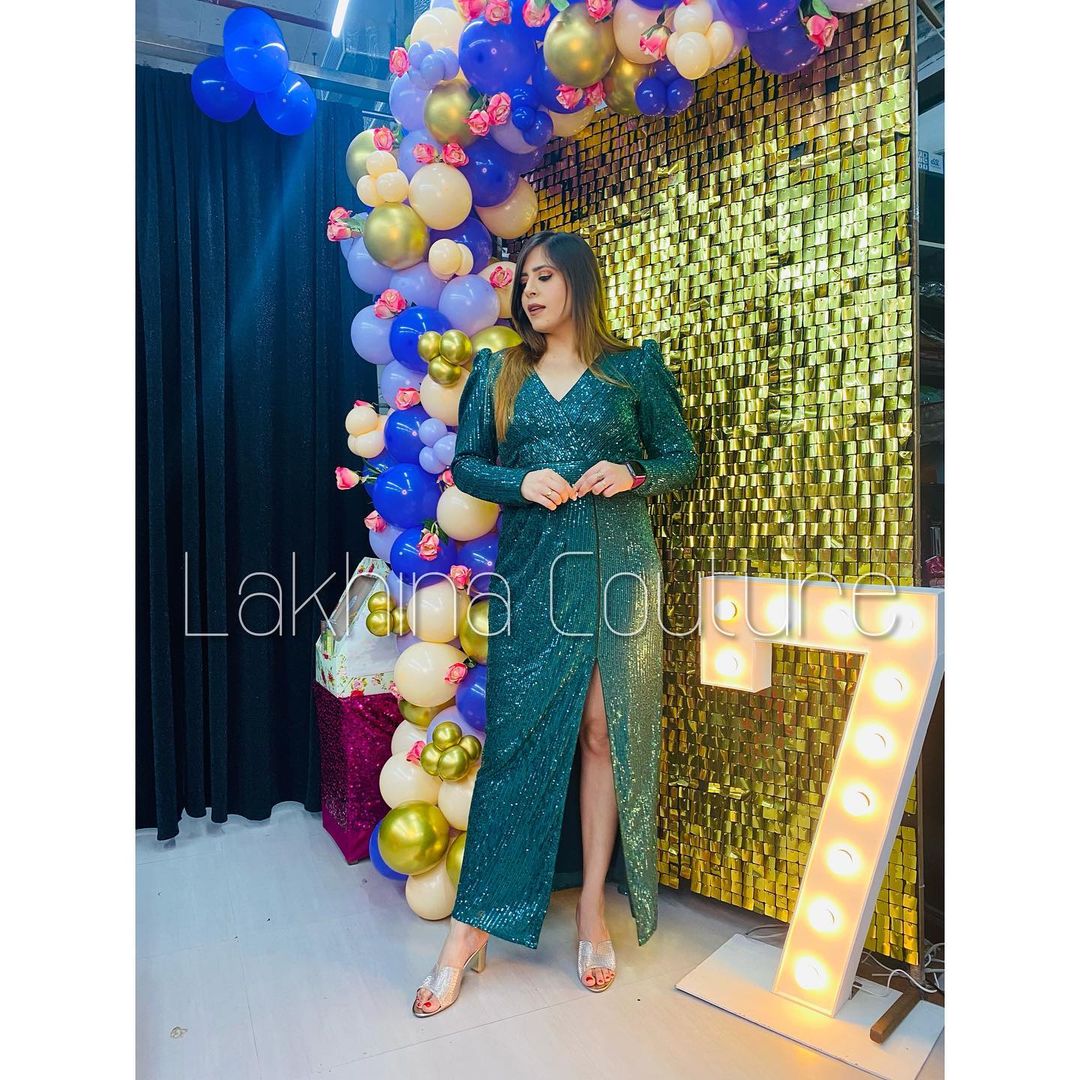 Bottle Green Sequin Drape Gown