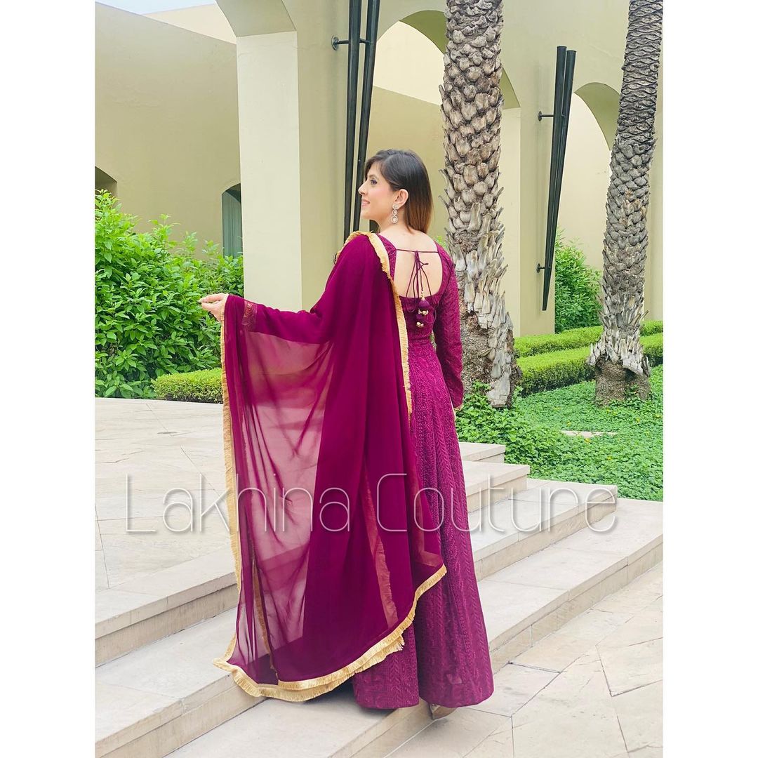 Wine Chikankari Anarkali Without Belt