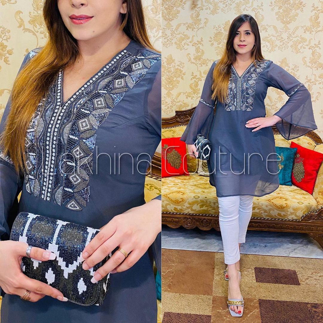 Grey Hand Embroidered Kurti