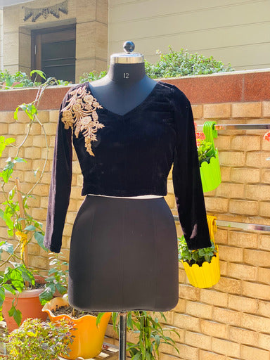 Black Embroidered Velvet Blouse