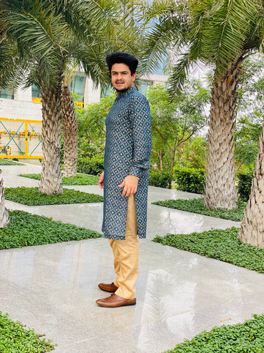 Menswear Peacock Ethnic Cotton Kurta with Silk Pants