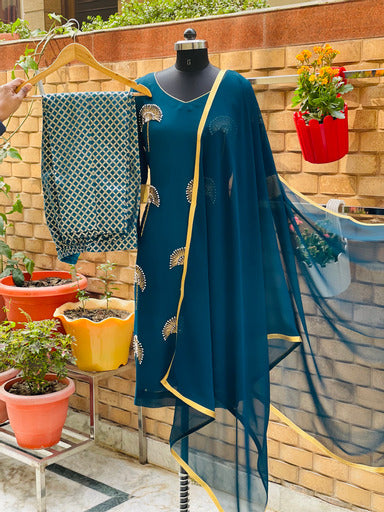 Peacock Blue Embroidered Suit