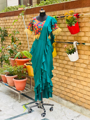 Multicolored Teal Green Saree