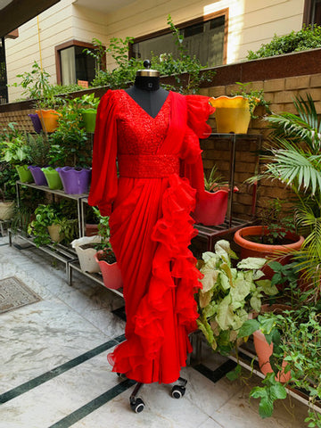 Red Phulkari Drape Saree