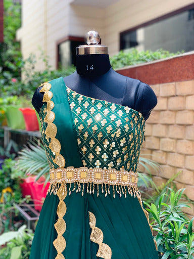 Bottle Green Drape Gown With Belt