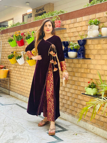 Wine Velvet Banarasi Suit