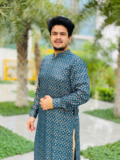 Menswear Peacock Ethnic Cotton Kurta with Silk Pants