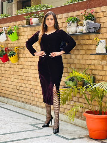 Solid Wine Velvet Midi