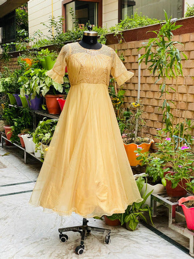 Golden Gown With Ruffle Dupatta Lakhina Couture Golden Gown With Ruffle Dupatta Lakhina Couture