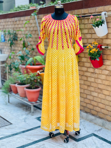 Yellow Embroidery Leheriya Maxi