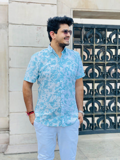 Menswear Sky Blue White Rayon Shirt