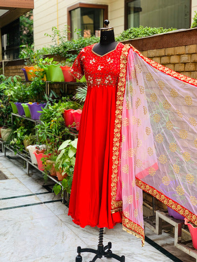 Red Embroidered Anarkali With Dupatta