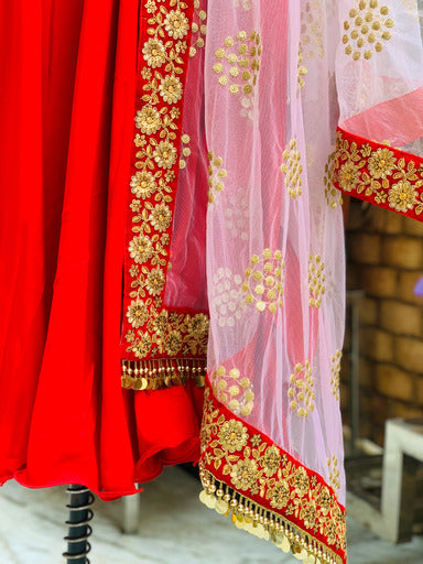 Red Embroidered Anarkali With Dupatta