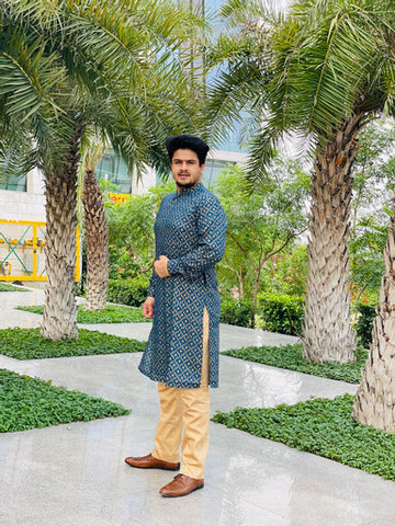 Menswear Peacock Ethnic Cotton Kurta with Silk Pants