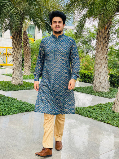 Menswear Peacock Ethnic Cotton Kurta with Silk Pants