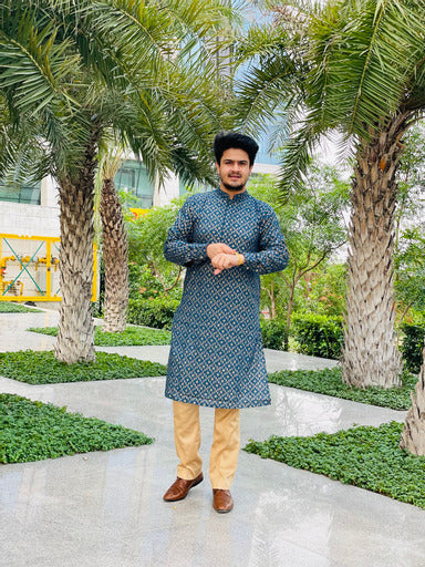 Menswear Peacock Ethnic Cotton Kurta with Silk Pants