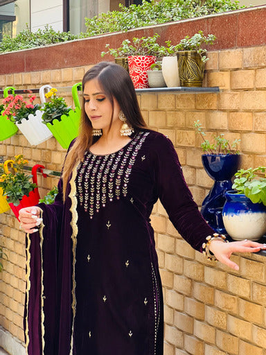 Wine Embroidered Velvet Suit