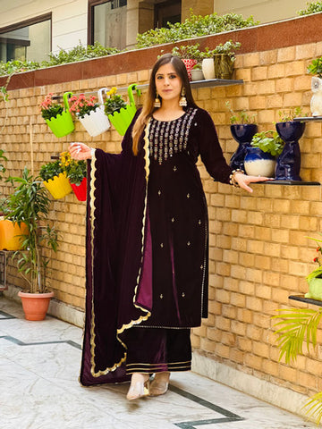 Wine Embroidered Velvet Suit