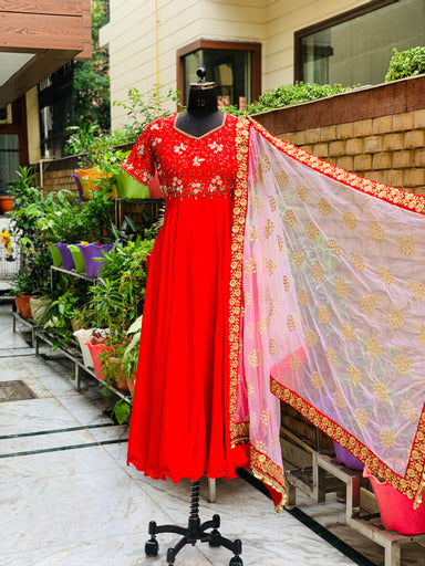 Red Embroidered Anarkali With Dupatta
