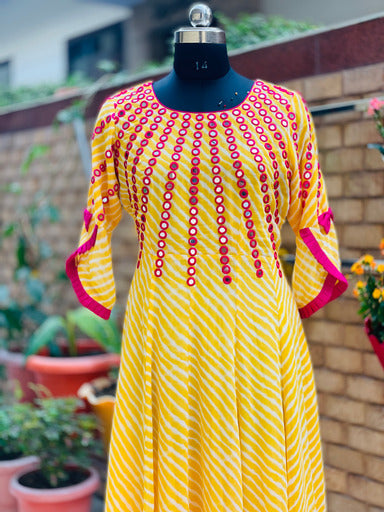 Yellow Embroidery Leheriya Maxi
