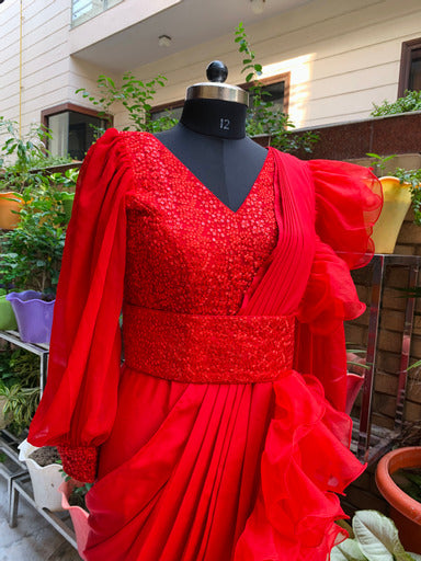 Red Phulkari Drape Saree