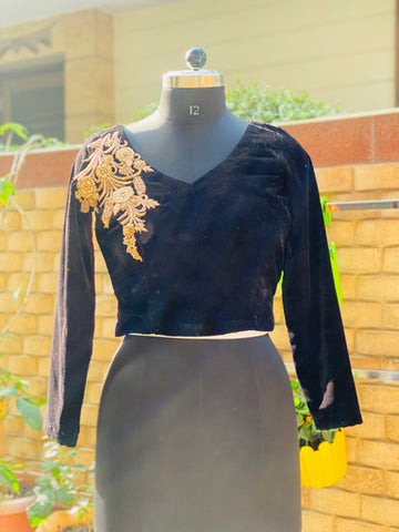Black Embroidered Velvet Blouse