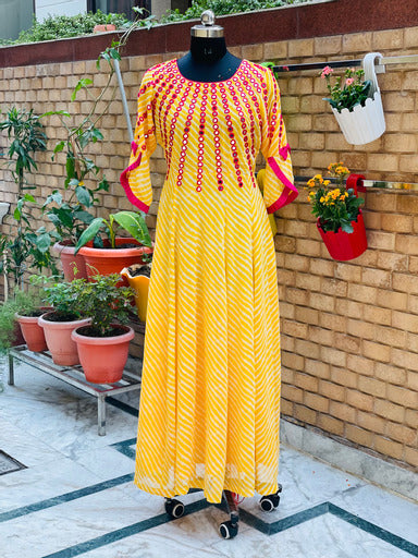 Yellow Embroidery Leheriya Maxi