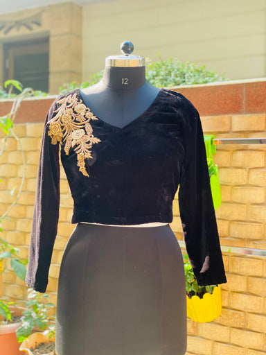 Black Embroidered Velvet Blouse
