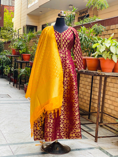 Wine Banarasi Anarkali With Dupatta